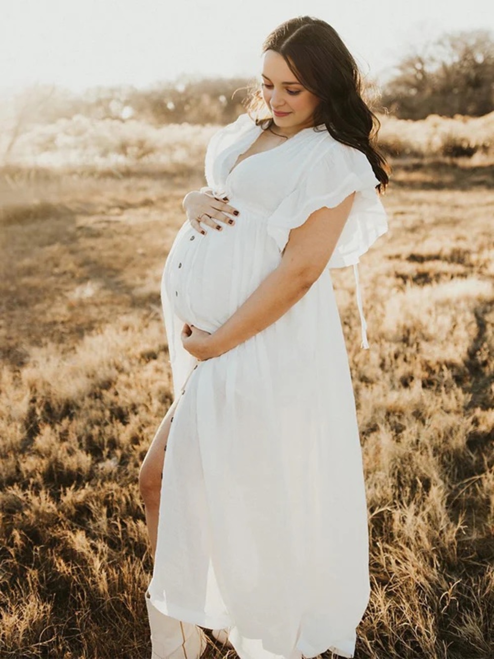 White Maternity Maxi Dress with Button Front